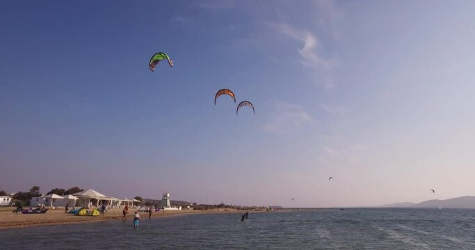 Punda beach in Paros island in Greece with kitesurfers