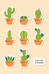 Vector set of bright cactus, succulent, cacti stickers. Decorative houseplant elements isolated.Collection of exotic plants. Cactus with flowers.Cute colored illustration flat cartoon style