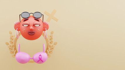 3D Illustration Of Cartoon Bald Woman Face With Female Gender Sign, Pink Awareness Ribbon On Brassiere And Copy Space.