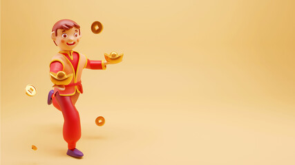 Fototapeta premium 3D Illustration Of Chinese Young Boy Holding Gold Ingot With Flying Qing Ming Coins And Copy Space.