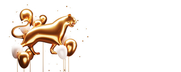 Fototapeta 3D Golden Tiger Statue With Realistic Balloons, Tiny Balls And Copy Space On White Background. obraz