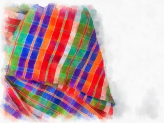 Plaid cloth or loincloth in Thailand, white, blue, red on a white background. watercolor style illustration impressionist painting.