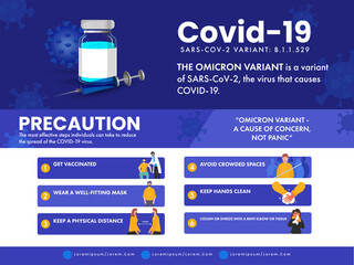 Covid-19 Sars-CoV-2 (Omicron) Variant Poster Design With Precautions Details On Blue And White Background.