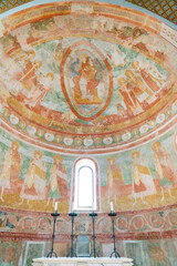 Medieval fresco paintings in pastel colours in the main apse of the Basilica of Aquileia, Italy....