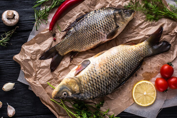 Top view two carp fish are lying on paper on a wooden black background of boards, next to ingredients, tomatoes, lemons and spices