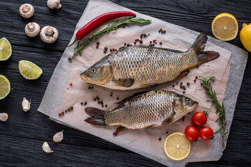 Top view two carp fish are lying on paper on a wooden black background of boards, next to ingredients, tomatoes, lemons and spices