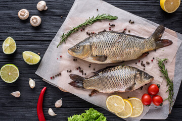 Top view two carp fish are lying on paper on a wooden black background of boards, next to ingredients, tomatoes, lemons and spices