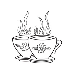 Black and white vector cups of coffee and tea for coloring page illustration, flowers background,