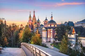 View of the temples of Varvarka, the Spasskaya Tower and St. Basil's Cathedral in Moscow