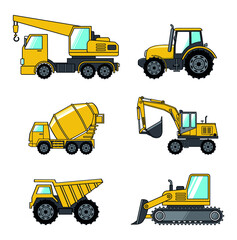 Obraz na płótnie Canvas Set of vector trucks - dumper, front loader, and tank truck, hand-drawn construction trucks