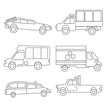 Collection of vehicle for kids activity coloring book Vector illustration.