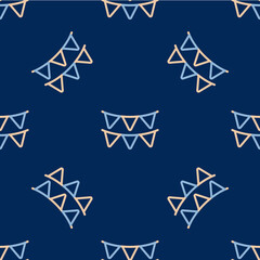 Line Carnival garland with flags icon isolated seamless pattern on blue background. Party pennants for birthday celebration, festival decoration. Vector