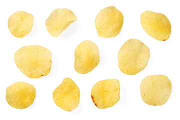 Potato chips isolated on white backgroud, top view
