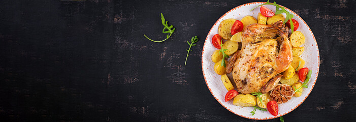 Baked chicken with potatoes in a white plate. Dark background. Top view, banner