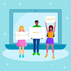 Group of people of different nationalities stand near laptop, computer and hold placards with star rating vector illustration in flat style