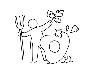 Cartoon man cook omlette with fresh greenery.