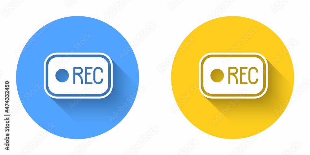 Poster white record button icon isolated with long shadow background. rec button. circle button. vector
