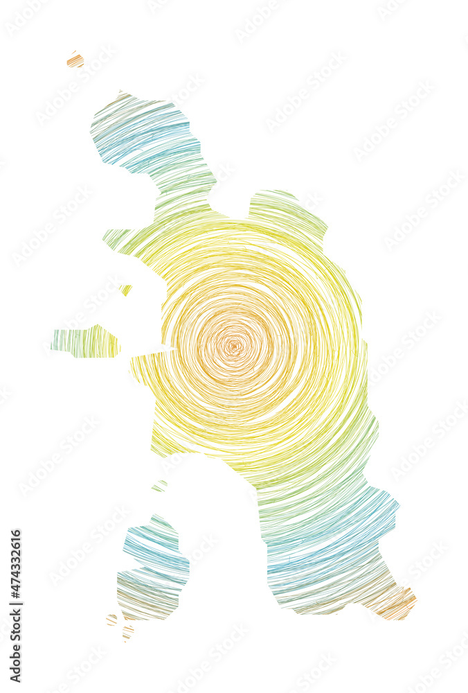 Poster pangkor island map filled with concentric circles in a sketch style. circles in the shape of the isl