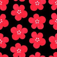Fototapeta na wymiar Seamless pattern of red flowers. Watercolor vintage illustration. Isolated on a black background.
