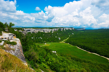 Fototapeta na wymiar View to beautiful mountain landscape near the cave city Eski-Kermen, Crimea