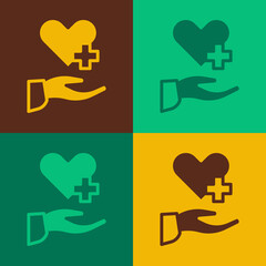 Pop art Heart with a cross icon isolated on color background. First aid. Healthcare, medical and pharmacy sign. Vector