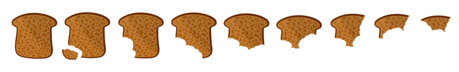 Toasted Brown bread pieces, whole and bitten bread piece. Bakery product in cartoon style.  Vector illustration isolated on a white background. 