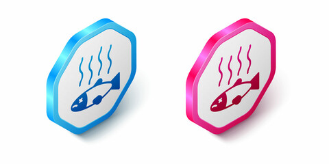 Isometric Dead fish icon isolated on white background. Rotten fish. Hexagon button. Vector