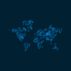 The World dotted glowing map. Shape of the world with blue bright bulbs. Vector illustration.