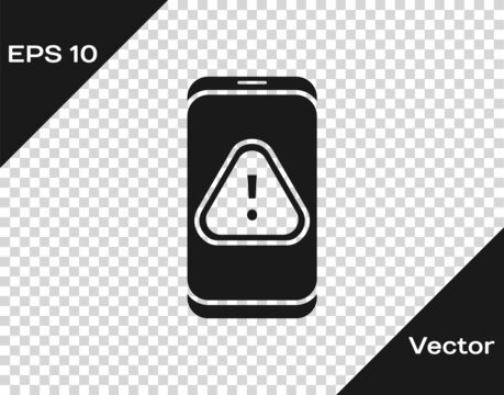 Black Mobile phone with exclamation mark icon isolated on transparent background. Alert message smartphone notification. Vector Illustration