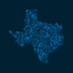 Fototapeta na wymiar Texas dotted glowing map. Shape of the us state with blue bright bulbs. Vector illustration.