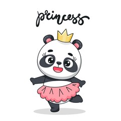 Little princess panda in a skirt and a crown is dancing.. Postcard in cartoon kawaii style. Vector for design, banners, children's books and patterns