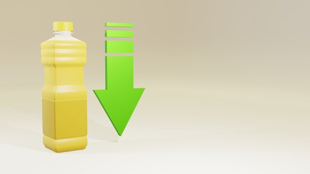 3D Three Dimensional Illustration of Yellow Cooking Oil Bottle with Up and Down Price Arrows in the Market. Suitable for presentations and editorial news drawing materials