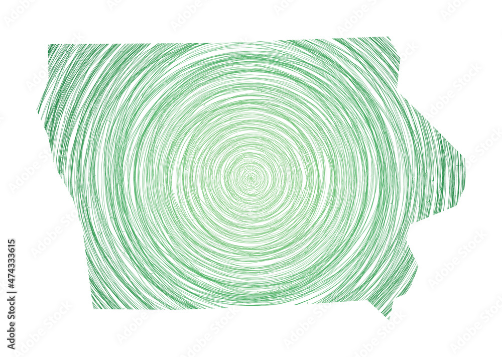 Poster iowa map filled with concentric circles. sketch-style circles in the shape of the us state. vector i