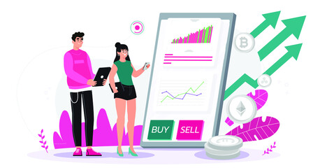 Investor boy and girl looking at chart of growing Bitcoin cryptocurrency on mobile. investment, 