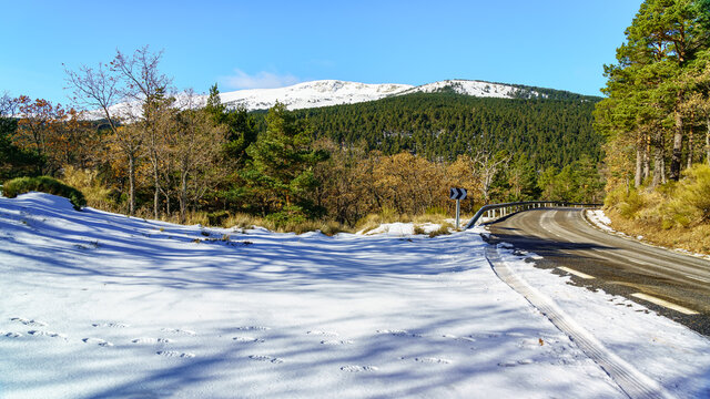 Mountain road next to the snowy forest on a sunny winter day. Navafr&iacute;a Madrid.