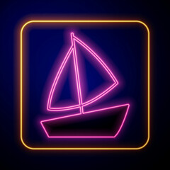 Glowing neon Yacht sailboat or sailing ship icon isolated on black background. Sail boat marine cruise travel. Vector