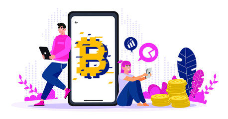 Traders are trading cryptocurrency coins through exchange application mobile platforms. Digital currency vector, online business vector concept