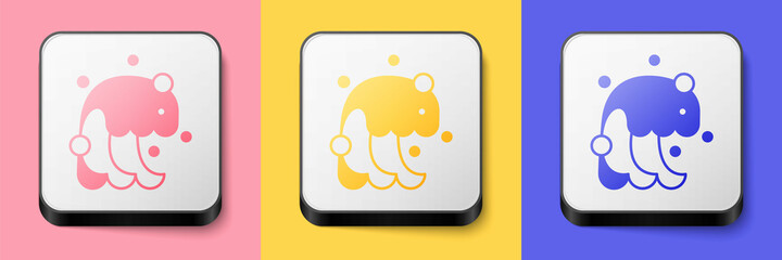 Isometric Tsunami icon isolated on pink, yellow and blue background. Flood disaster. Stormy weather by seaside, ocean or sea wave or tsunami. Square button. Vector