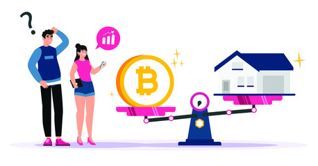 Men are wondering if Bitcoin can buy a house. Future value of btc, Digital currency vectors. Currency exchange vectors