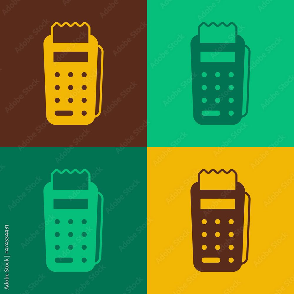 Poster pop art pos terminal with inserted credit card and printed reciept icon isolated on color background