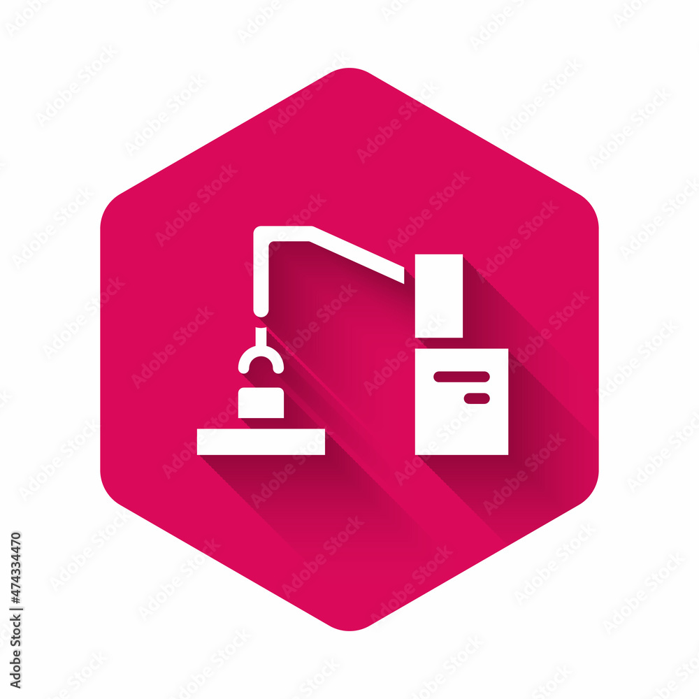 Poster white industrial machine robotic robot arm hand factory icon isolated with long shadow. industrial r