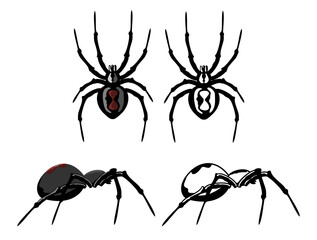 Insects set. Spider danger venom horror poisonous black symbols set. Spider top view, side view.