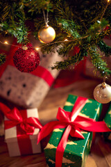 Decorated christmas tree and presents ready for holidays at home. Christmas, home, presents