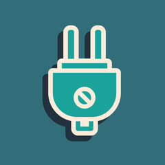 Green Electric plug icon isolated on green background. Concept of connection and disconnection of the electricity. Long shadow style. Vector