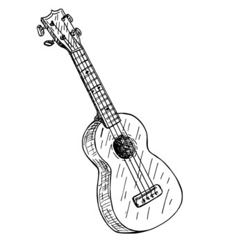 Vector hand drawn sketch of ukulele. Engraving retro vintage style isolated on white. Small ukulele for icon. Ukulele for classical music play. Small guitar