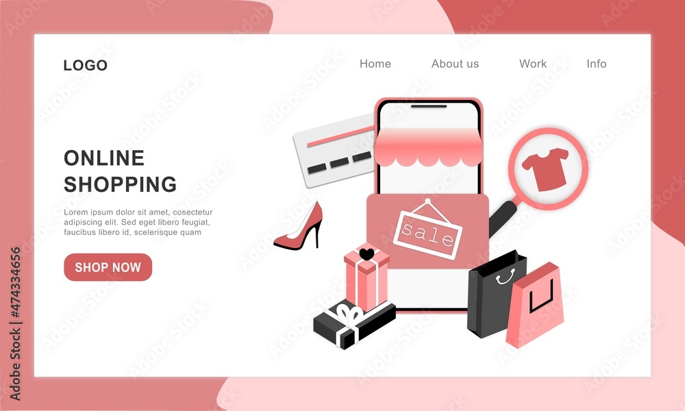 Poster 3d realistic online shopping on landing web page or mobile application concept of vector digital mar