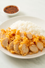 fried chicken topped rice with dipping sauce