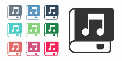 Black Audio book icon isolated on white background. Musical note with book. Audio guide sign. Online learning concept. Set icons colorful. Vector