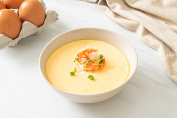 Steamed egg with shrimp and spring onions