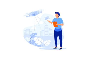 Aerial photography, Aerial videography, Autonomus delivery. Drone service abstract concept vector illustrations.
